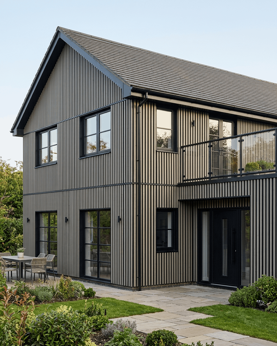 Maison moderne à deux étages avec des panneaux de façade WoodUpp Aluwood Thermowood gris, des garnitures noires, de grandes fenêtres, un balcon, un jardin et du mobilier de terrasse.